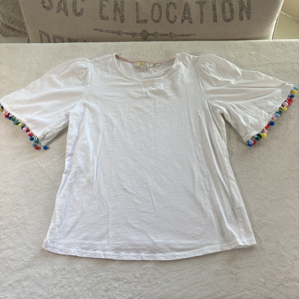 Boden Ali Pom Pom Sleeve T-Shirt White Boho Summer Top Pom Pom Sleeve Size 2